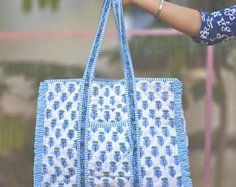 Quilted Block Print Tote Bag: Handmade Indian Cotton Shoulder Bag – Weekend Travel Handbag