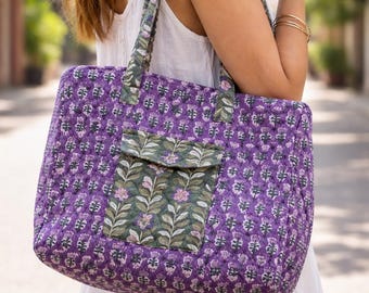 Cotton Quilted Tote Bag: Handprinted Boho Shopper