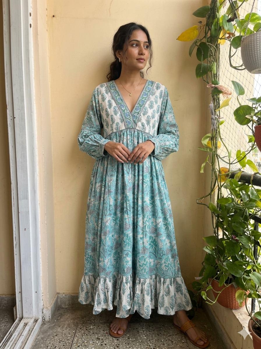 Block Print Cotton Maxi Dress: Handmade Indian Boho Tunic