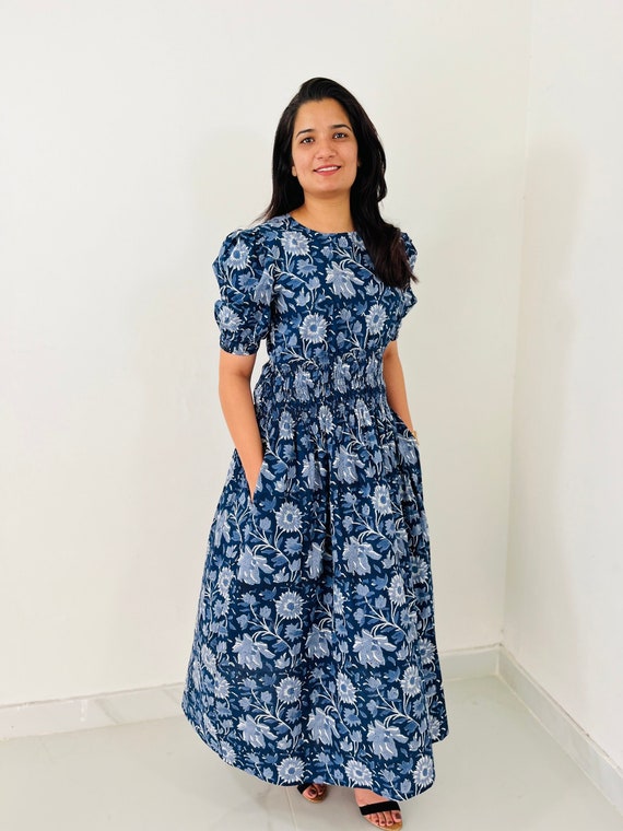 Block Print Dress Cotton Maxi Dress With Pockets Hand Block Printed Cotton Maxi Dress: Floral Indian Tunic With Block Print Dress Cotton Maxi Dress With Pockets Hand Block Printed Cotton Maxi Dress: Floral Indian Tunic With