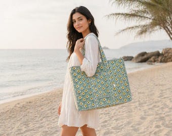 Block Print Quilted Cotton Tote Bag, Handmade Indian Shoulder Bag