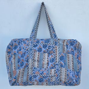 Quilted Duffle Tote Shoulder Patch Bag Cotton Handprint Floral Eco friendly Sustainable bag, Yoga Shopping Beach Artist Boho Weekend bag