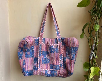 Patchwork Quilted Tote Bag, Boho Cotton Shoulder Bag, Block Print Handbag