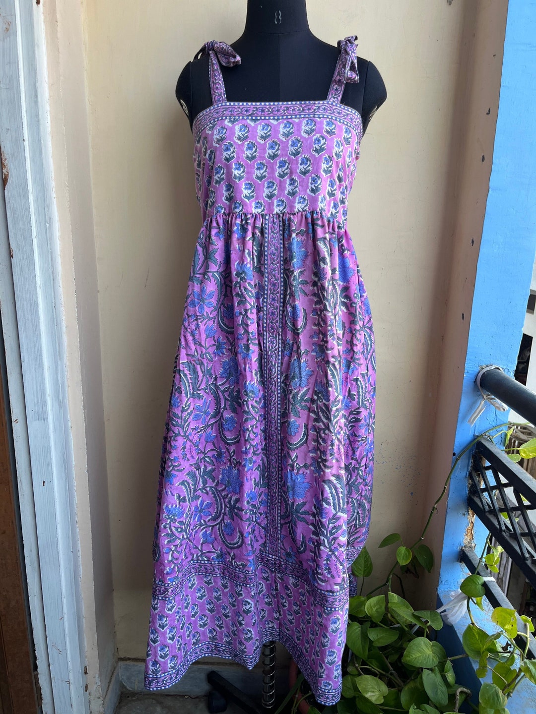 pink blue multi floral block printed women's maxi dress