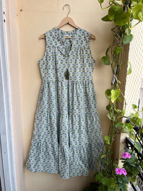 Boho Maxi Dress: Floral Block Print Sleeveless Cotton Dress