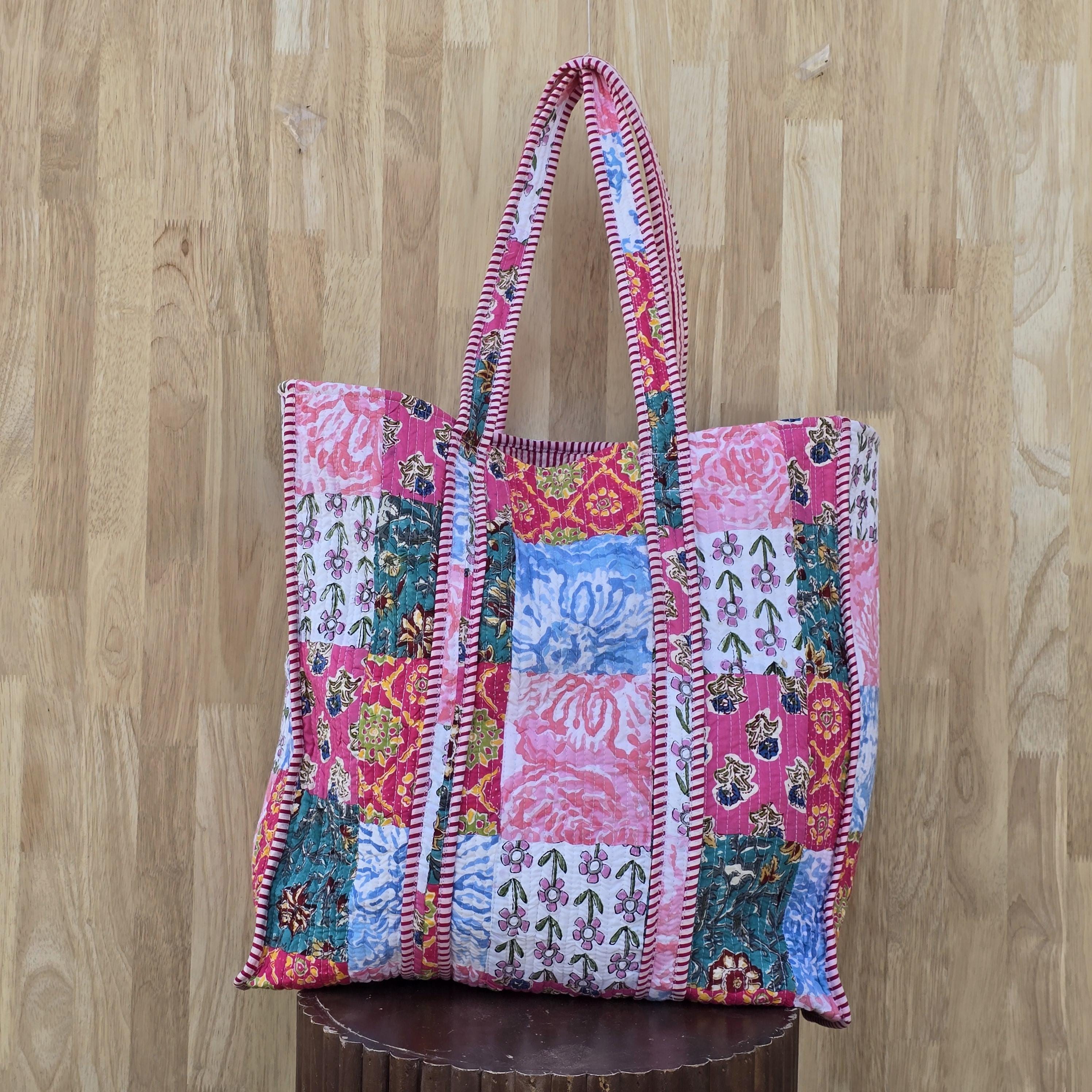 Patchwork Quilted Tote Bag – Pink Turquoise Block Print Kantha Patchwork Quilted Tote Bag – Pink Turquoise Block Print Kantha