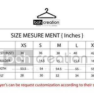 May include: Size chart for clothing in inches, showing measurements for chest, shoulder, length, and waist in sizes XS, S, M, L, and XL. The chart is titled "Size Measurement { Inches }" and is from the company "boh creation clothing".