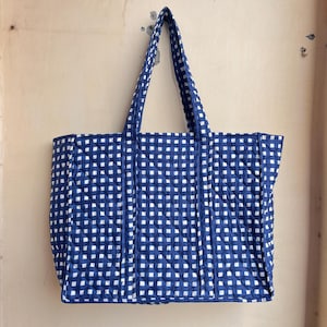 Quilted Cotton Handprinted Reversible Large Blue Floral Tote Bag Eco friendly Sustainable Sturdy Grocery Shopping Handmade Art Boho