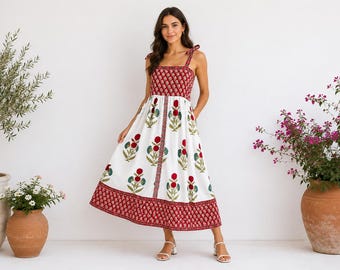 Block Print Cotton Maxi Dress: Boho Summer Sundress