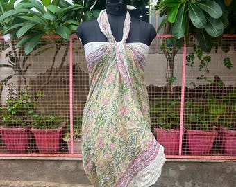 Hand Block Print Cotton Sarong, Beach Wrap Pareo, 180cm x 100cm