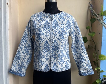 Hand Block Print Quilted Jacket: Reversible Sky Blue Floral Kimono