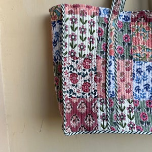 Quilted Cotton Handprinted Reversible Large multicolor Floral Tote Bag Eco friendly Sustainable Sturdy Grocery Shopping Handmade Boho bag image 9