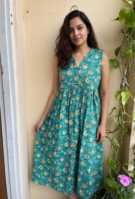 Hand Block Printed Cotton Dress: Indian Maxi Gown, Summer Tunic Midi Dress  - Etsy