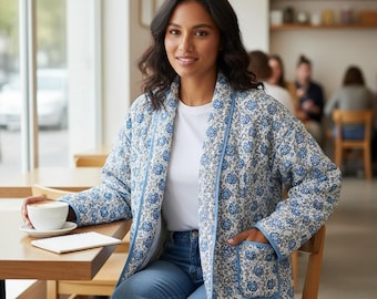 Handmade Quilted Cotton Jacket, Blue Floral Block Print, Boho Outerwear