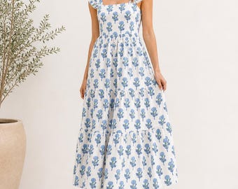 Hand Block Printed Cotton Dress: Indian Floral Summer Gown