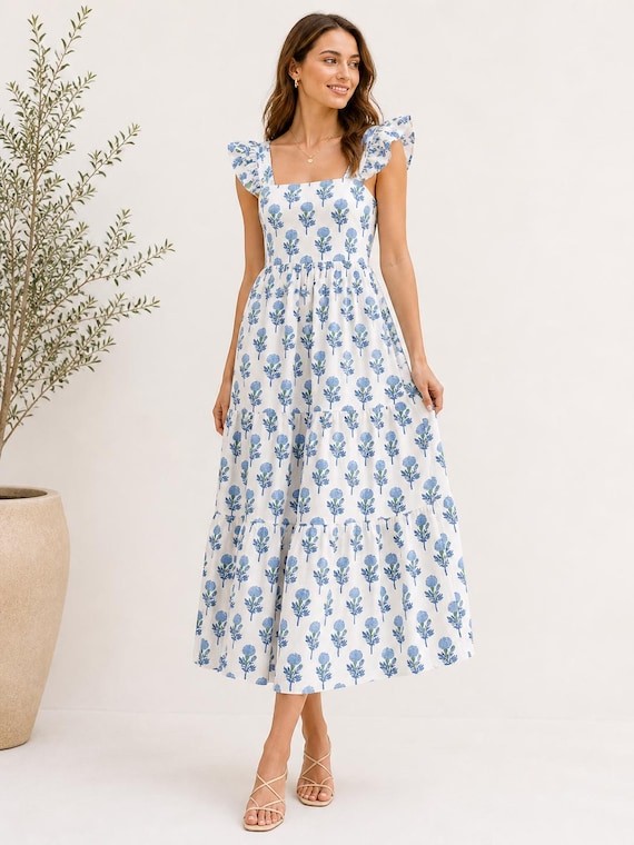 Hand Block Printed Cotton Dress: Indian Floral Summer Gown