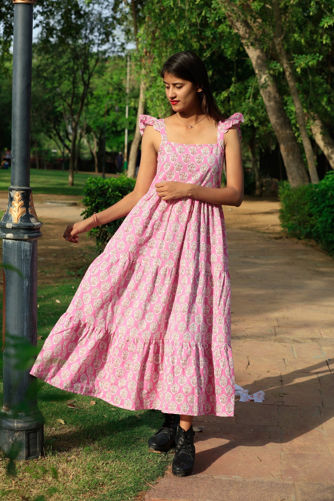 Hand Block Print Cotton Dress: Sleeveless Pink Boho Summer Dress