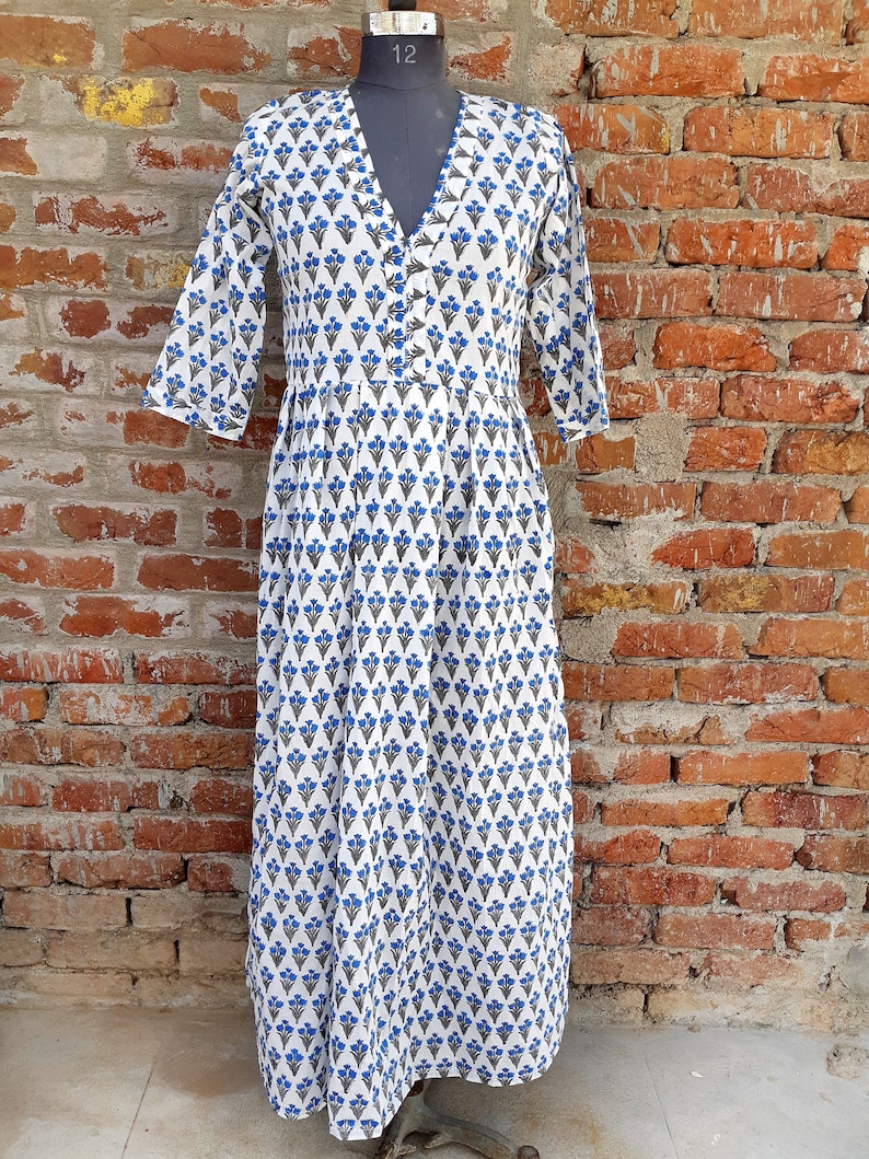Hand Block Printed Dress, Block Print Dress, Indian Tunics, Hand Printed Dress, Indian Cotton Long Gown, Indian Cotton Dress, Printed Dress