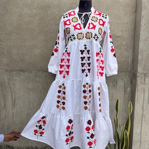 Maxi Floral Embroidered Dress,  V-neck Embroidery Casual tired cotton Dress, Suzani Embroidered Dress, Flower ukrainian Embroidery Dress