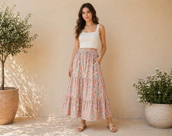 Sukienka z bawełny z nadrukiem blokowym, długa, z falbankami: boho, kwiatowa, letnia, warstwowa spódnica maxi