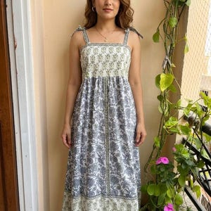 Floral Block Print Cotton Maxi Dress, Boho Summer Sundress, Tie Straps, Indian Beach Gown
