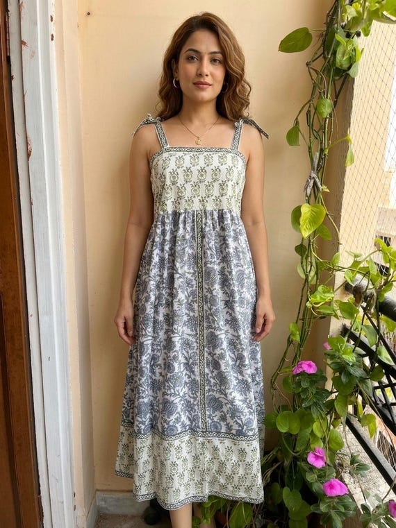 Floral Block Print Cotton Maxi Dress, Boho Summer Sundress, Tie Straps, Indian Beach Gown