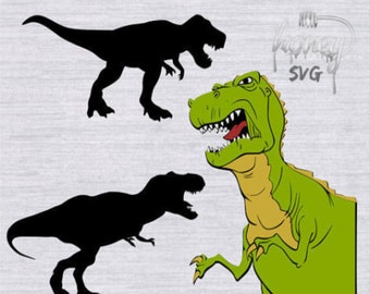 May include: A digital design featuring two images of a dinosaur. One image is a green dinosaur with a yellow belly, and the other is a black silhouette of a dinosaur. The text "SVG | PNG | DXF" is at the bottom of the image.