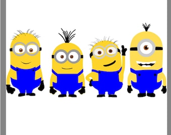 May include: Four yellow Minions wearing blue overalls and goggles. The Minions are standing in a row, with the one on the right raising one hand.