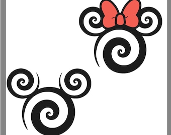Mickey and Minnie Mouse Swirl Head, Disneyland, Disneyworld, Svg, Png, Dxf, Eps