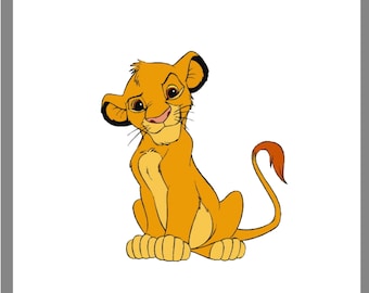 May include: A cartoon illustration of a yellow lion cub sitting with its tail curled around its body. The cub has a brown nose and black eyes.