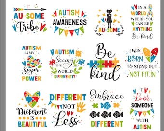 Puede incluir: Un conjunto de 10 diseños digitales coloridos con texto y piezas de rompecabezas. Los diseños incluyen frases como "Au-some Tribe", "Concientización sobre el autismo", "El autismo es mi superpoder", "Sé amable", "Diferente es hermoso", "Amo a alguien con autismo", y más.