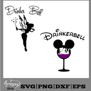 May include: Black and white silhouette of a fairy with wings, holding a bottle and a glass, with the text "Drinker Bell" above her. Below, a black and white silhouette of Mickey Mouse ears with a wine glass inside, with the text "DRINKERBELL" above it.