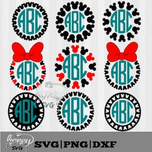 Puede incluir: Nueve diseños diferentes de un monograma con orejas de Mickey Mouse que rodean las letras "ABC". Algunos diseños incluyen un lazo rojo.