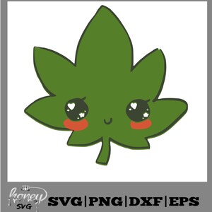 May include: A green marijuana leaf with a cute cartoon face. The leaf has large eyes with white hearts inside, red cheeks, and a small smile.