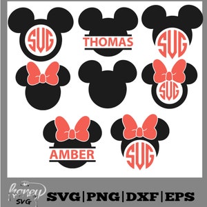 May include: Set of six black and white Mickey Mouse head silhouettes with red bows. Each silhouette has a circle in the center with either a monogram or a name. The monograms are "SUG" and the names are "THOMAS" and "AMBER".
