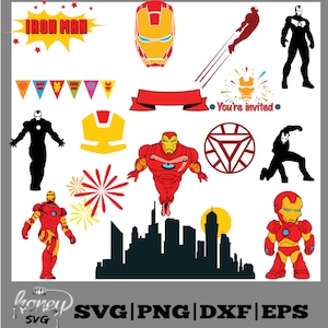 Könnte beinhalten: Eine Sammlung von Iron Man-Grafiken in Rot, Gelb und Schwarz. Enthält die Iron Man-Maske, Ganzkörperfiguren, eine Stadtsilhouette und Text mit der Aufschrift "Iron Man" und "You're invited".