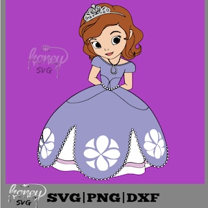 May include: A cartoon illustration of a princess wearing a purple dress with white flowers and a crown. The princess has brown hair and brown eyes. The background is purple.