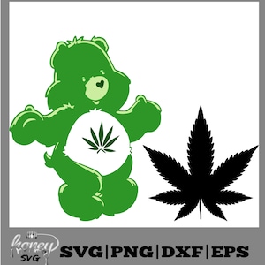 May include: Green cartoon bear with a marijuana leaf on its chest, standing next to a black silhouette of a marijuana leaf.