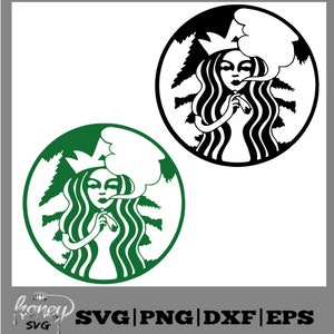 Könnte beinhalten: Schwarze, weiße und grüne Silhouette einer Frau mit langen Haaren und einer Krone, die eine Tasse mit einer aufsteigenden Rauchwolke hält. Die Frau ist von Kiefern umgeben.