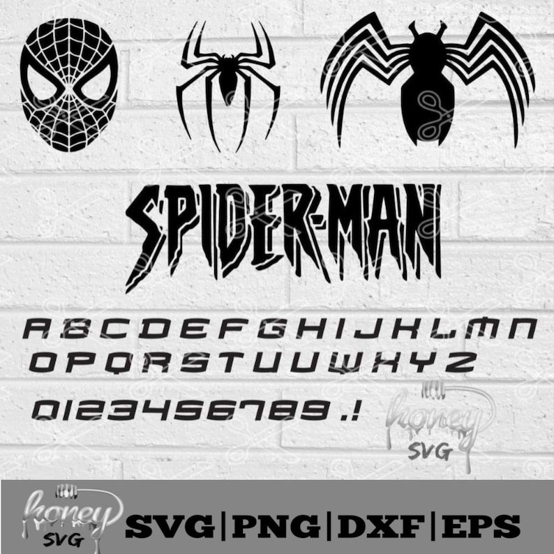 May include: Black and white digital design featuring the words "SPIDER-MAN" in a bold, stylized font. The design also includes a spider web design, a spider, and a full alphabet in a similar font.