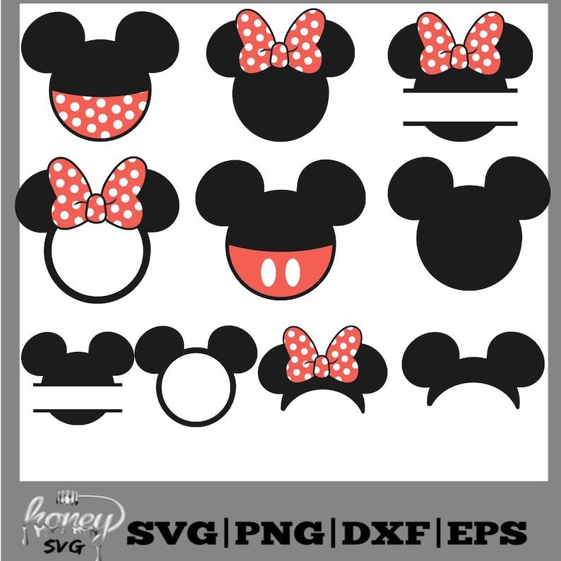 May include: A selection of black Mickey Mouse head silhouettes with different designs. Some feature red and white polka dot bows, red and white polka dot faces, or blank spaces for personalisation. The image also includes the text "SVG | PNG | DXF | EPS".