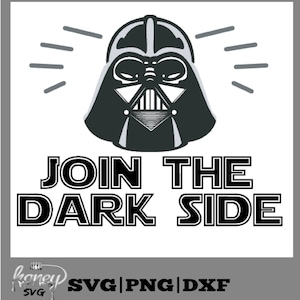 以下が含まれることがあります： ダース・ベイダーのヘルメットの白黒イラストで、テキストは「Join the Dark Side」です。