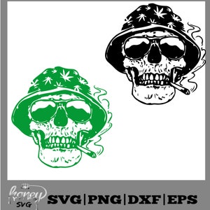 May include: A black and white skull wearing a green and white hat with a marijuana leaf design, sunglasses, and smoking a cigarette. The skull is surrounded by smoke.