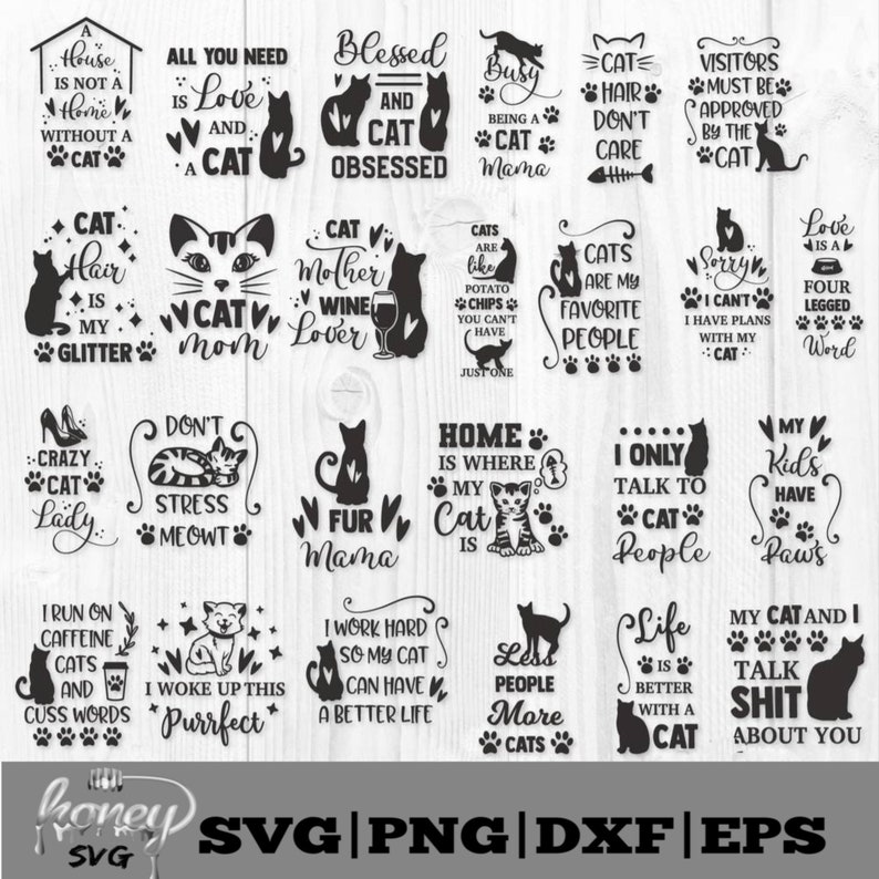 Puede incluir: Una colecci&oacute;n de dise&ntilde;os SVG en blanco y negro con tem&aacute;tica de gatos con varias citas y frases. Los dise&ntilde;os incluyen siluetas de gatos, huellas de patas y texto como "Cat Mom", "Crazy Cat Lady" y "Home is where my cat is."