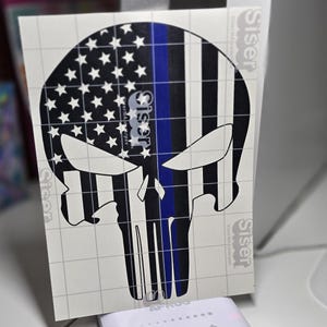 Thin Blue Line Punisher Skull, Law Enforcement, Back The Blue Vinyl Sticker Decal for Truck, Yeti, Tumbler