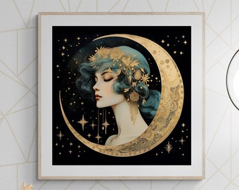 Vintage Art Deco Wall Art, Mujer y Luna Vintage Art Print, Moon Art Deco Digital Print Descargar