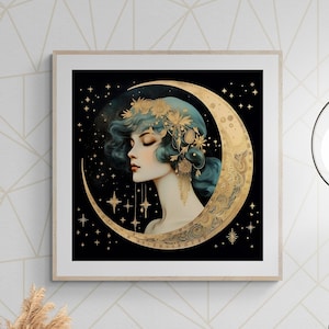 Vintage Art Deco Wall Art, Woman and Moon Vintage Art Print, Moon Art Deco Digital Print Download