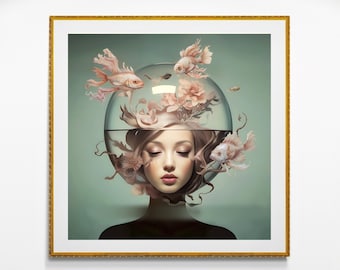Surreal Wall Art, Woman and Fish Art Print, Surreal Digital Print Download