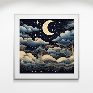 Vintage Celestial Wall Art, Moon and Stars Vintage Art Print, Night Sky Art Print Digital Print Download