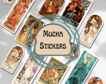 Pegatinas para agenda digital de Mucha, imágenes prediseñadas de Art Nouveau, pegatinas para diario digital de Alphonse Mucha, imágenes prediseñadas de scrapbooking digital de artista